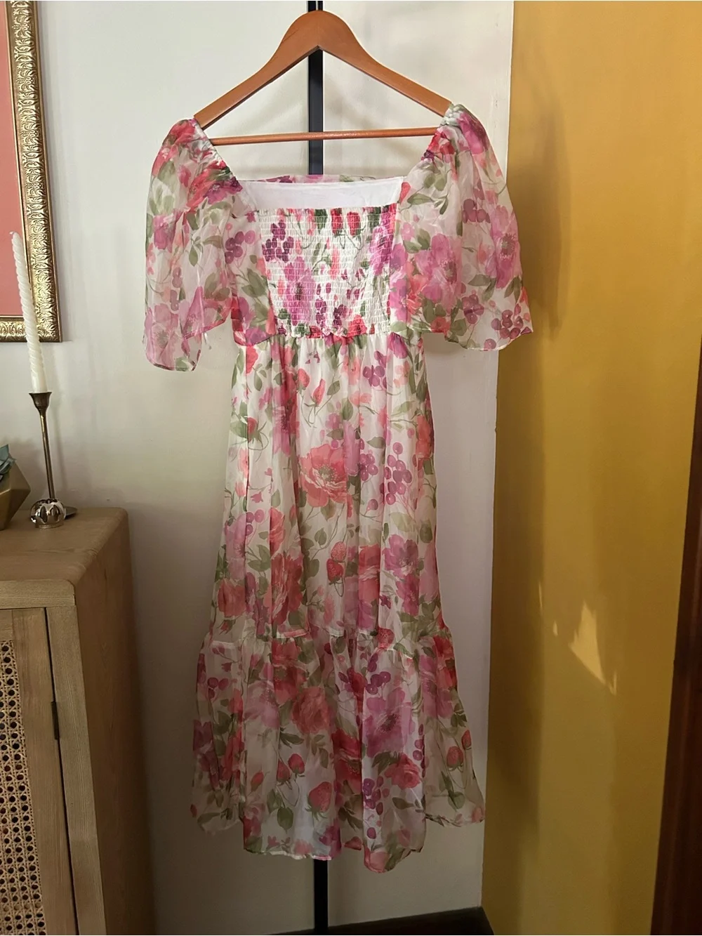 Abercrombie & Fitch Emerson Angel Sleeve Midi Dress Floral Pink Green NEW Small